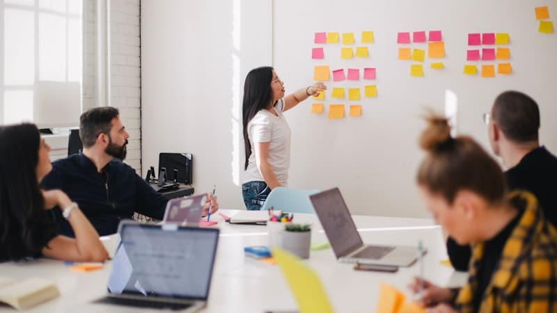 Business planning session with sticky notes